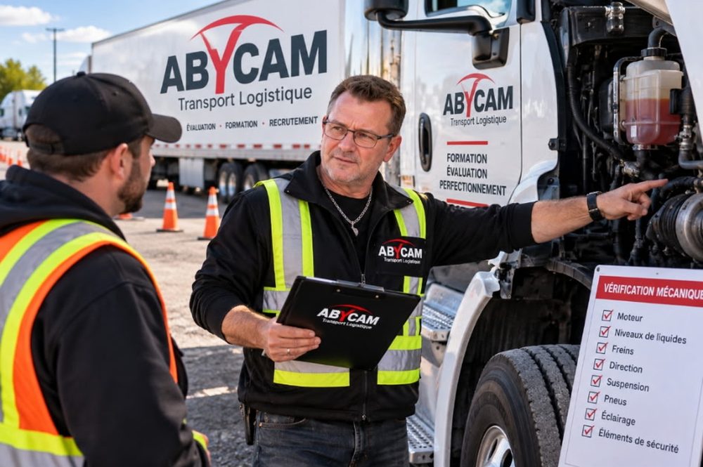 Formateur et élève devant le moteur ouvert d’un camion, pendant une séance de vérification mécanique